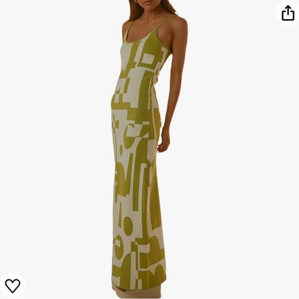 Y2k geometric pattern, green and white, maxi dress